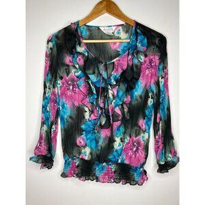Allison Taylor Womens Floral Ruffle Blouse Medium Slightly Sheer